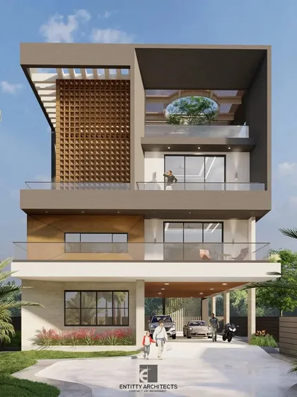 This is the 3D render for a 15,000 sq. ft. modern bungalow in Ulwe. The design focuses on a bold facade, featuring a prominent jaali screen that provides both privacy and a unique aesthetic. The structure is designed to maximize natural light and create a seamless connection between indoor and outdoor spaces.