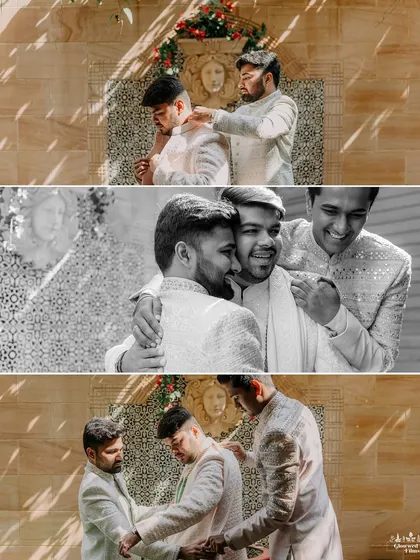Heartfelt moments of the groom getting ready with his groomsmen, sharing hugs and smiles before the ceremony begins.