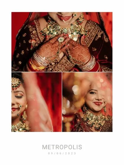 An album-style collage focusing on the bride's smile and henna-covered hands. The rich red and gold tones of her lehenga and jewelry are prominent, creating a vibrant and celebratory feel.