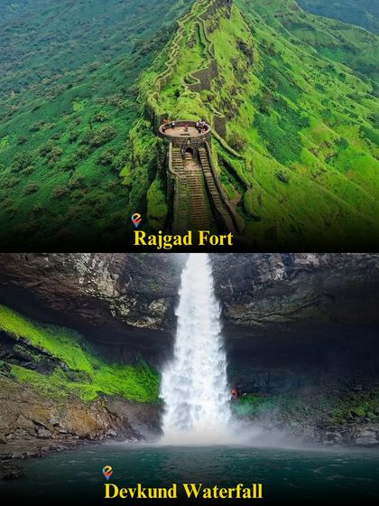 The majestic Rajgad Fort and the stunning Devkund Waterfall, must-do treks for anyone exploring Maharashtra.