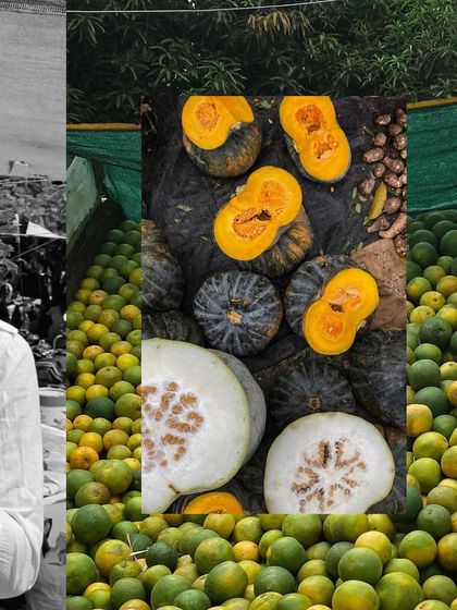 A collage blending color and monochrome shots of a fruit market, showing fresh produce like pumpkins and limes.