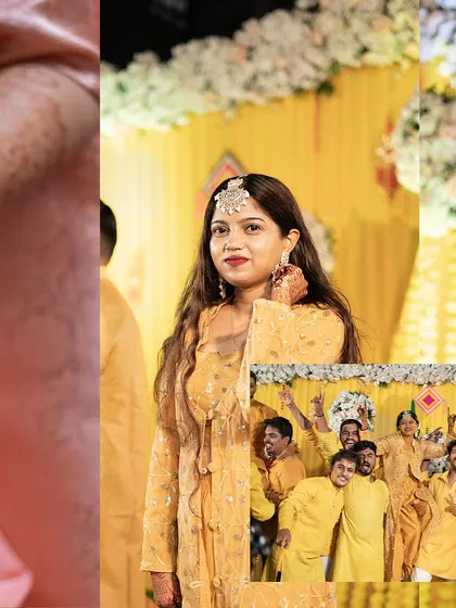 A fun collage from the Haldi ceremony, showing the bride looking radiant and a candid shot of the groom's friends celebrating with him.