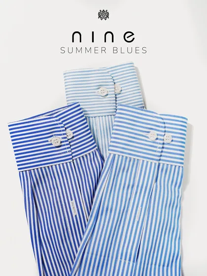 A selection of our 'Summer Blues' striped shirts. We offer a variety of stripe widths and shades to suit your personal style.