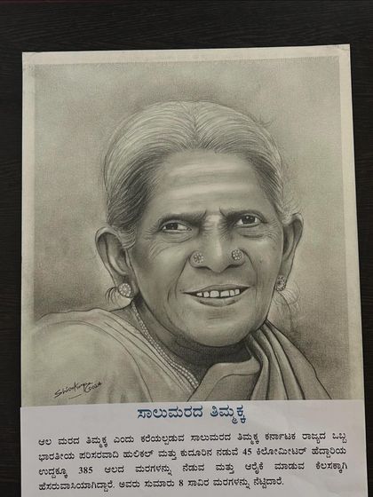 A detailed pencil sketch of environmentalist Saalumarada Thimmakka, celebrating her life's work.