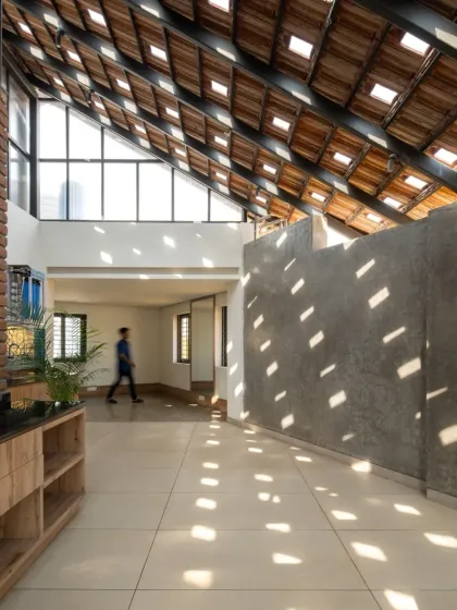 For me, light is a building material. In this co-living space, I used a Mangalore clay tile roof with glass inserts to dapple the interiors with sunlight, creating an energetic and uplifting atmosphere while connecting to vernacular traditions.