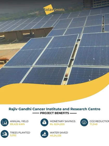 I deliver powerful solar solutions for large-scale facilities like the Rajiv Gandhi Cancer Institute. This project generates nearly 90,000 kWh annually, resulting in monetary savings of over ₹8,00,000 and a massive reduction in carbon emissions.
