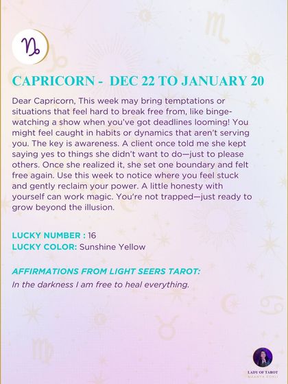 A weekly tarot forecast for Capricorn. This week may bring temptations or situations that feel hard to break free from. The key is awareness. Use this week to notice where you feel stuck and gently reclaim your power.