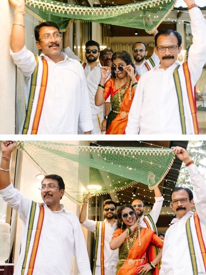 The bride makes a cool entrance at her Mehendi ceremony, wearing sunglasses and surrounded by her family in a fun, South-Indian themed event.