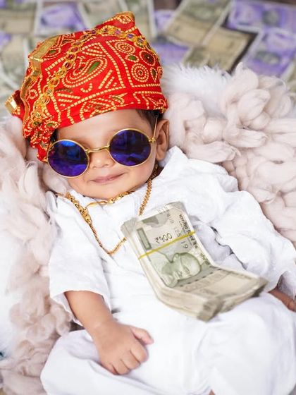 A playful Marwari-themed baby shoot, with the little one dressed in a turban and sunglasses, holding a bundle of prop money.