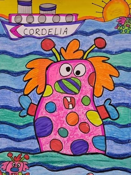 A friendly monster on a cruise. Our fantasy and cartooning lessons encourage students to invent their own unique creatures and place them in imaginative settings.