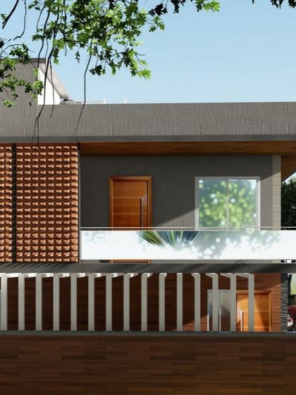 Architectural render for a new residential building in Siruguppa. The design features a prominent terracotta jali screen on the first floor, providing privacy and ventilation while adding a traditional design element to the modern structure.