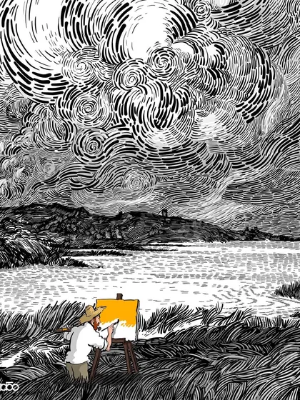 In a world rendered in black and white, the artist adds the only splash of color. He paints a block of brilliant yellow onto his canvas, a powerful statement about the artist's role in bringing light and color to a seemingly gray world.