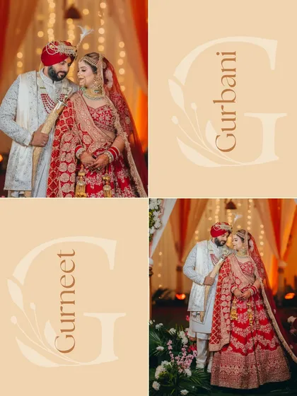 A stylish collage with the couple's initials, featuring two beautiful portraits that highlight their coordinated outfits and the festive setting.