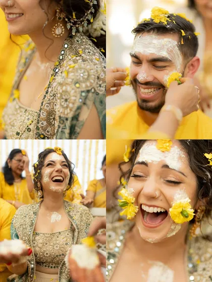 Close-up shots from a Haldi ceremony, focusing on the genuine, wide-mouthed laughter of the bride and groom as they are covered in turmeric and flowers.