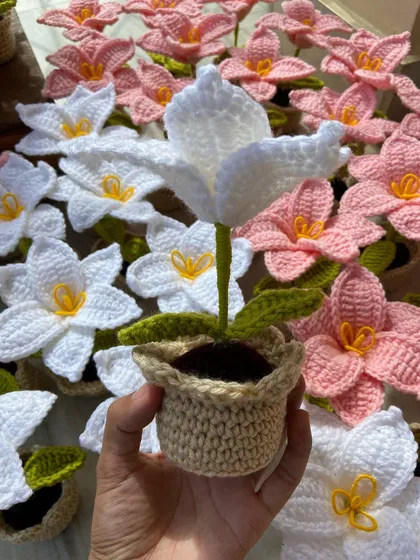 A close-up of a single potted white lily, showing the delicate craftsmanship of the petals and pot.