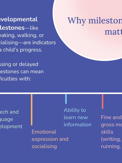 Developmental milestones like speaking, walking, or socializing are indicators of a child's progress. Missing or delayed milestones can signal difficulties with speech, learning, or motor skills where early support can be beneficial.