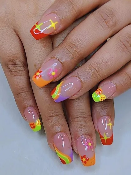 A bright and funky 70s-inspired design with rainbows, flowers, and stars.
