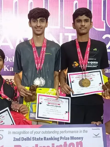 My boys on the podium at the Delhi State Championship. Lakshay's multiple medals in U15 singles, doubles, and mixed doubles prove his versatility and determination.