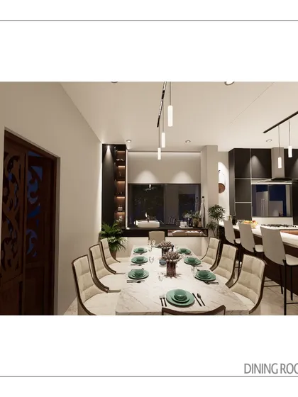 The dining room is positioned adjacent to the kitchen, creating an easy flow for entertaining. The elegant marble-topped table and sophisticated lighting make it a perfect setting for formal gatherings.