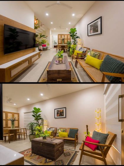 A collage showing the open-plan living and dining area, unified by a consistent palette of wood, white, and vibrant green from the indoor plants.