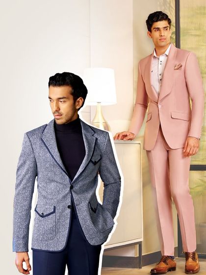 Designed for the man who values quality and style. This collage features a textured blue blazer with unique pocket details and a full pink suit, showcasing our versatile design capabilities.