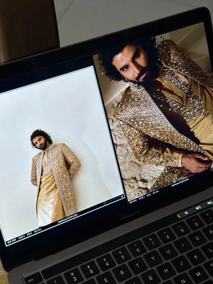 Another look at the monitor during the shoot, displaying the high-quality, camera-ready results of my grooming. The skin appears flawless and natural in both the full-length and close-up shots.