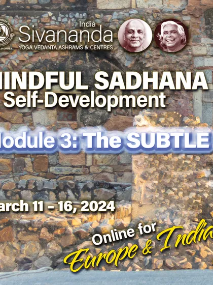 This graphic announces Module 3 of our Mindful Sadhana course, focusing on "The Subtle." This online program is for yoga teachers and intermediate students seeking to integrate yoga philosophy more deeply into their practice.