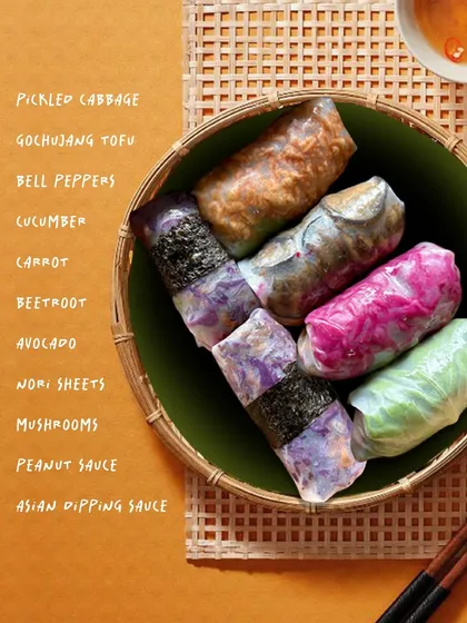 Our Vietnamese Rice Paper Wraps are a customer favorite. We pack them with gochujang tofu, pickled cabbage, crisp vegetables, and nori, served with our homemade peanut and Asian dipping sauces for a perfect, crunchy bite.