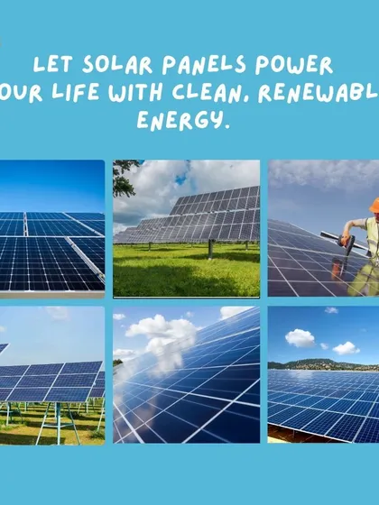 Let solar panels power your life with clean, renewable energy. This collage showcases various installations, from residential rooftops to large scale solar fields.