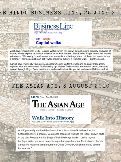 Media clippings from The Hindu Business Line and The Asian Age in 2010. These early articles document the growth of Delhi Heritage Walks through online publicity and word of mouth, noting our focus on weaving themes around monuments.