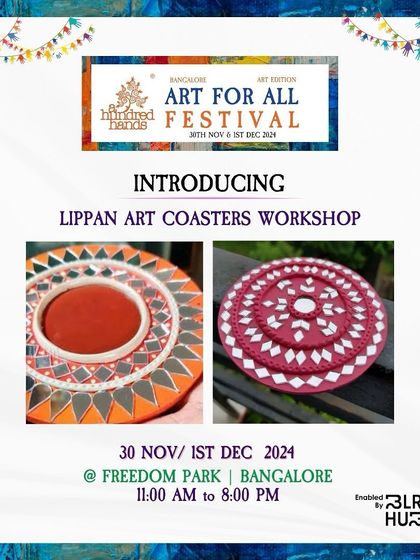 This poster introduces our Lippan Art Coasters workshop at the Art for All Festival. It's a great opportunity to learn a traditional craft and create a functional piece of art for your home.