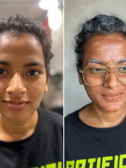 A before-and-after of our old-age character makeup. This shows the complete transformation, highlighting the student's ability to use makeup to convincingly alter age and appearance for film or theater.