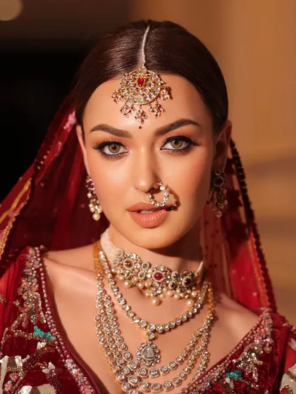 A beautiful portrait with the red veil. This shot captures the traditional essence of a bride, a key element in my heritage-inspired styling.