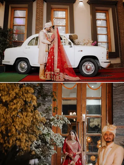 A collage of a wedding couple with a vintage car, combining a romantic pose with a candid shot of them at the venue entrance.