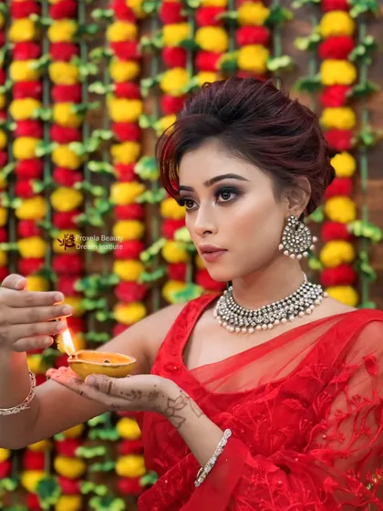 Sending heartfelt wishes with this beautiful festive look. The diya's glow is matched by the model's radiant makeup, capturing the true spirit of Diwali.