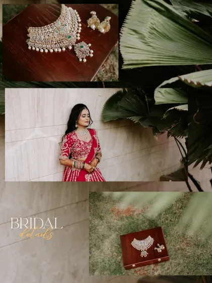 A collage of bridal details, from the stunning diamond necklace to the bride's elegant poses. This showcases our attention to every element of the bridal look.