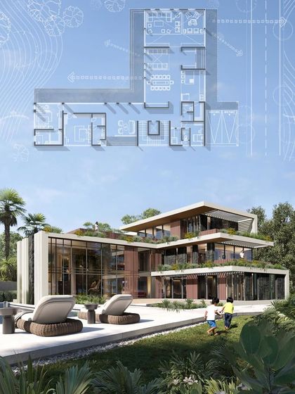 A presentation sheet showing the floor plan overlaid on the final render of the Powai villa. This was designed for a joint family, with a key strategy of bringing the environment in through large windows and encouraging outdoor living on the stepped terraces.