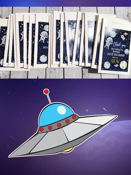 A batch of the custom space-themed paper bags, ready for Arav's birthday party.