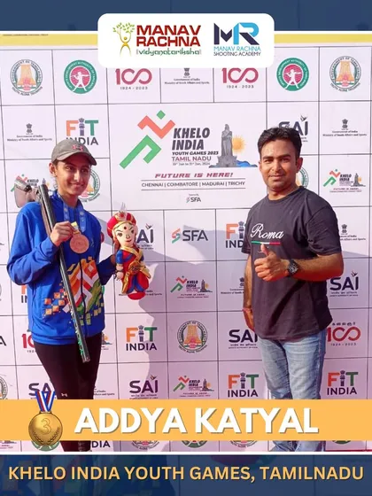 Addya Katyal with her coach Anant after her Bronze medal win at the Khelo India Youth Games, showcasing the strong mentor-athlete relationship we foster.