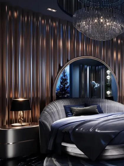 A dramatic close-up of the circular bed with its pleated headboard, set against shimmering metallic curtains. The lighting is rendered to create a feeling of glamour and intrigue.