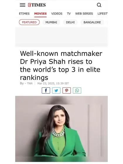The Times of India, Etimes, and Times Ascent have chronicled my journey extensively, from receiving the Inspiring Entrepreneur Award to being ranked among the world's top 3 elite matchmakers. These articles detail my philosophy of creating 'organic connections' and building a heritage institution for arranged love marriages.