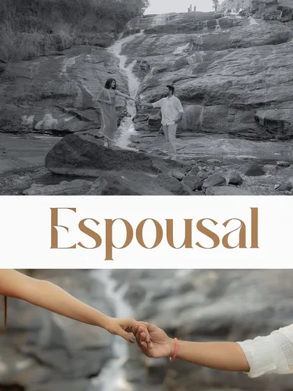 A creative collage focusing on the theme of espousal. The holding of hands symbolizes their promise, set against the timeless flow of the waterfall.