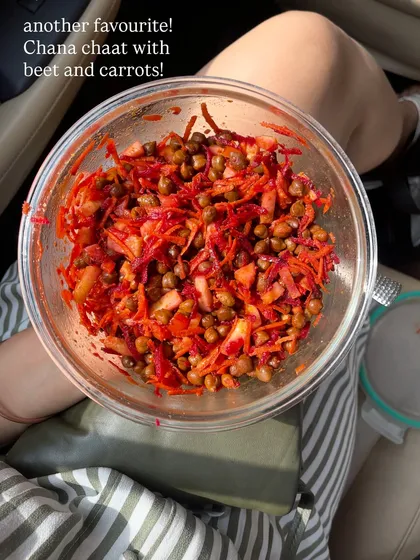 A homemade chana chaat with beetroot and carrots. A simple, protein-packed, and delicious snack that is both healthy and satisfying.
