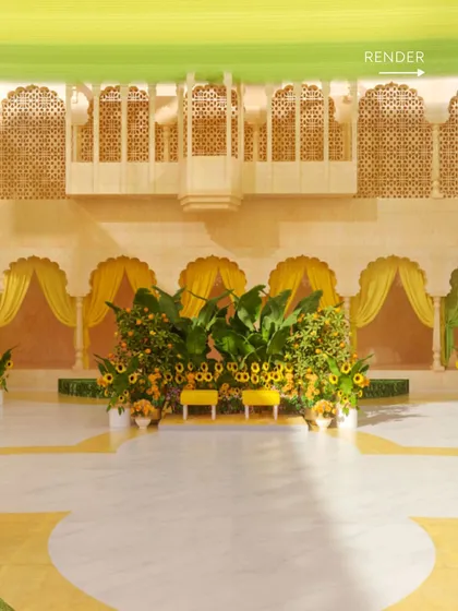 Render: For this Haldi ceremony, we rendered a vibrant yellow theme to fill the palace courtyard. The digital plan detailed the placement of drapes, a central tree installation, and seating to create a space that felt like pure sunshine.