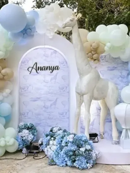 A dreamy pastel take on an animal theme for Ananya's first birthday, featuring a gentle giraffe, hot air balloon props, and a soft blue and beige color palette.