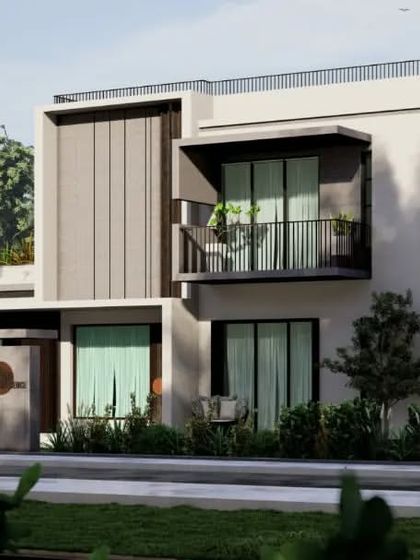 Another perspective of the Sandeep Mukim Residence, showing how the building's massing and landscape elements work together to create a harmonious composition.