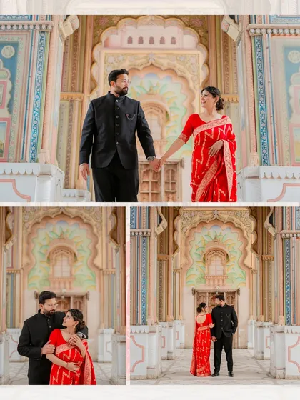 A collage of Aditya and Neelam's pre-wedding shoot at Patrika Gate, showcasing the beautiful hand-painted details of this unique Jaipur landmark.