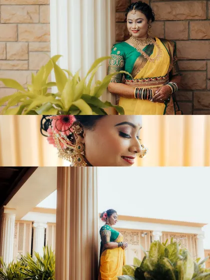 A collage of bridal portraits, highlighting details like the intricate hairstyle, jewelry, and the overall elegance of the Maharashtrian bride.