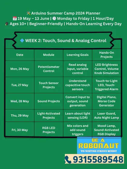 Week 2 of our Arduino Summer Camp focuses on touch, sound, and analog control. Kids will build digital pianos, touch-triggered alarms, and mood lamps.