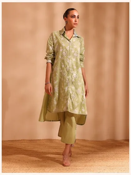A beautiful light green co-ord set with a high-low kurta top. It’s a modern and stylish outfit that’s still incredibly comfortable.